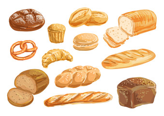 Bread and bakery product watercolor drawing set
