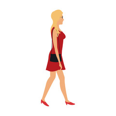 blonde woman walking with red dress and purse bag vector illustration
