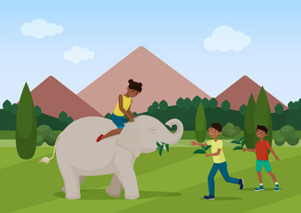 Vector illustration of the little children feeding and riding the elephant.