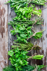 Thyme, rosemary, parsley, coriander, dill, tarragon on a wooden table, top view
