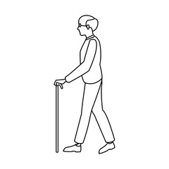 bald man elderly walking with cane stick outline vector illustration