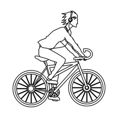 guy rider bike with headphones outline vector illustration