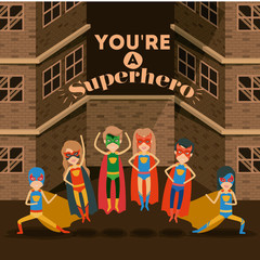 Obraz premium sepia color background buildings brick facade with colorful set superhero posing vector illustration