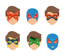 white background set face super hero men with mask vector illustration