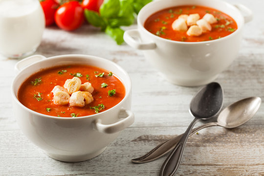 Traditional tomato soup, served with croutons.