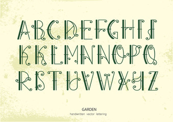 Vector alphabet set. Uppercase green letters with decorative flourishes. Images and associations: forged fence, garden, Art Nouveau style.