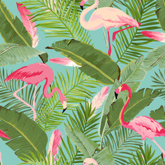 Obraz premium Tropikalny wektor bez szwu Flamingo i kwiatowy wzór lato. Do tapet, tła, tekstur, tekstyliów, kart.