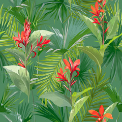 Obraz premium Tropikalne liście palmowe i kwiaty, dżungla pozostawia bezszwowe tło kwiatowy wzór