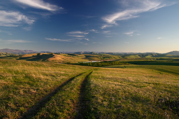 Landscape with country road to the valley in the spring foothills at fields with yellow grass of Altai mountains at sunset under sunset clear blue sky with white clouds, Siberia, Russia