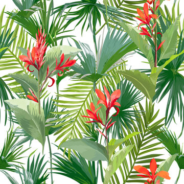 Tropical Palm Leaves and Flowers, Jungle Leaves Seamless Vector Floral Pattern Background