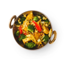 Vegan and vegetarian indian restaurant dish, tofu stir fry isolated