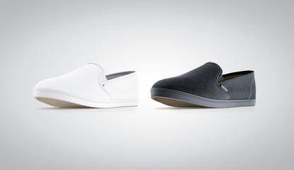Blank black and white slip-on shoe mock up, isolated, 3d rendering. Plain hipster slipon mockup template stand profile view. Urban skate shoes design with clear label presentation.