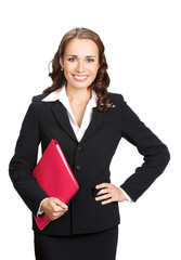 Businesswoman with red folder, isolated