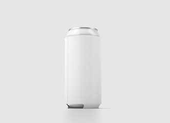 Blank white collapsible beer can koozie mock up isolated, 500 ml side view, 3d rendering. Empty neoprene cooler holder mockup tin beverage. Plain drinkware hugger design template. Clear soda sleeve