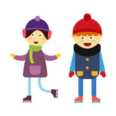 Girl portrait fun happy boy skating expression cute cartoon character little kid vector illustration.