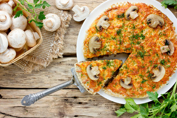 Mushroom pie on wooden background