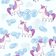 Magic cute unicorn with stars. Vector seamless pattern