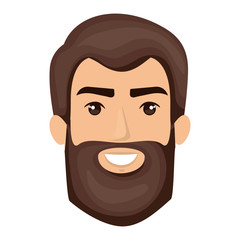 white background of smiling man face with dark brown hair and long beard vector illustration