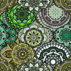 Colorful tiles boho seamless pattern. Mandala background. Abstract flower ornament. Floral wallpaper, furniture, textile print, hippie fabric. Romantic decoration from weave design elements.