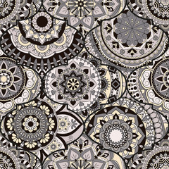 Colorful tiles boho seamless pattern. Mandala background. Abstract flower ornament. Floral wallpaper, furniture, textile print, hippie fabric. Romantic decoration from weave design elements.