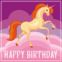 Obraz na płótnie Canvas Happy birthday greeting card with the image of a beautiful fantastic unicorn. Colorful vector background.