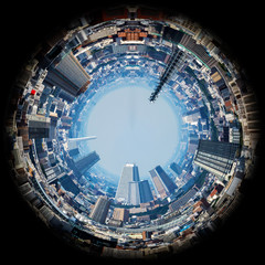Circle panorama of urban city skyline, such as if they were taken with a fish-eye lens