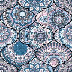 Colorful tiles boho seamless pattern. Mandala background. Abstract flower ornament. Floral wallpaper, furniture, textile print, hippie fabric. Romantic decoration from weave design elements.