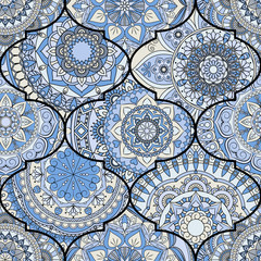 Colorful tiles boho seamless pattern. Mandala background. Abstract flower ornament. Floral wallpaper, furniture, textile print, hippie fabric. Romantic decoration from weave design elements.