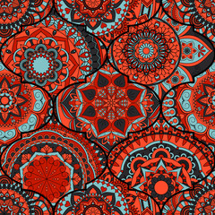 Colorful tiles boho seamless pattern. Mandala background. Abstract flower ornament. Floral wallpaper, furniture, textile print, hippie fabric. Romantic decoration from weave design elements.