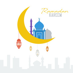 Ramadan kareem concept. Muslim mosque with lanterns and moon. Islam celebration