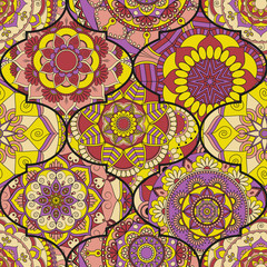Colorful tiles boho seamless pattern. Mandala background. Abstract flower ornament. Floral wallpaper, furniture, textile print, hippie fabric. Romantic decoration from weave design elements. - 152592416
