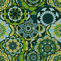 Colorful tiles boho seamless pattern. Mandala background. Abstract flower ornament. Floral wallpaper, furniture, textile print, hippie fabric. Romantic decoration from weave design elements.