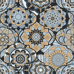 Colorful tiles boho seamless pattern. Mandala background. Abstract flower ornament. Floral wallpaper, furniture, textile print, hippie fabric. Romantic decoration from weave design elements.