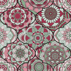 Colorful tiles boho seamless pattern. Mandala background. Abstract flower ornament. Floral wallpaper, furniture, textile print, hippie fabric. Romantic decoration from weave design elements.