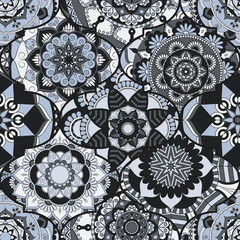 Colorful tiles boho seamless pattern. Mandala background. Abstract flower ornament. Floral wallpaper, furniture, textile print, hippie fabric. Romantic decoration from weave design elements.