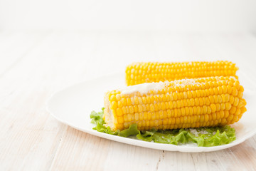 The cob of boiled corn on a white background.