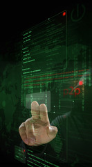 hacker at work with graphic user interface around