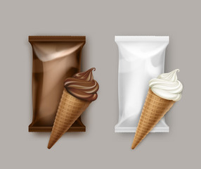 Vector Set of White Classic and Chocolate Soft Serve Ice Cream Waffle Cone with Brown White Plastic Foil Wrapper for Branding Package Design Close up Isolated on Background