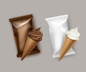 Vector Set of White Classic and Chocolate Soft Serve Ice Cream Waffle Cone with Brown White Plastic Foil Wrapper for Branding Package Design Close up Isolated on Background