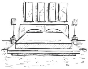 Hand drawn sketch. Linear sketch of an interior. Sketch Line bedrooms. Vector illustration. Room plan.