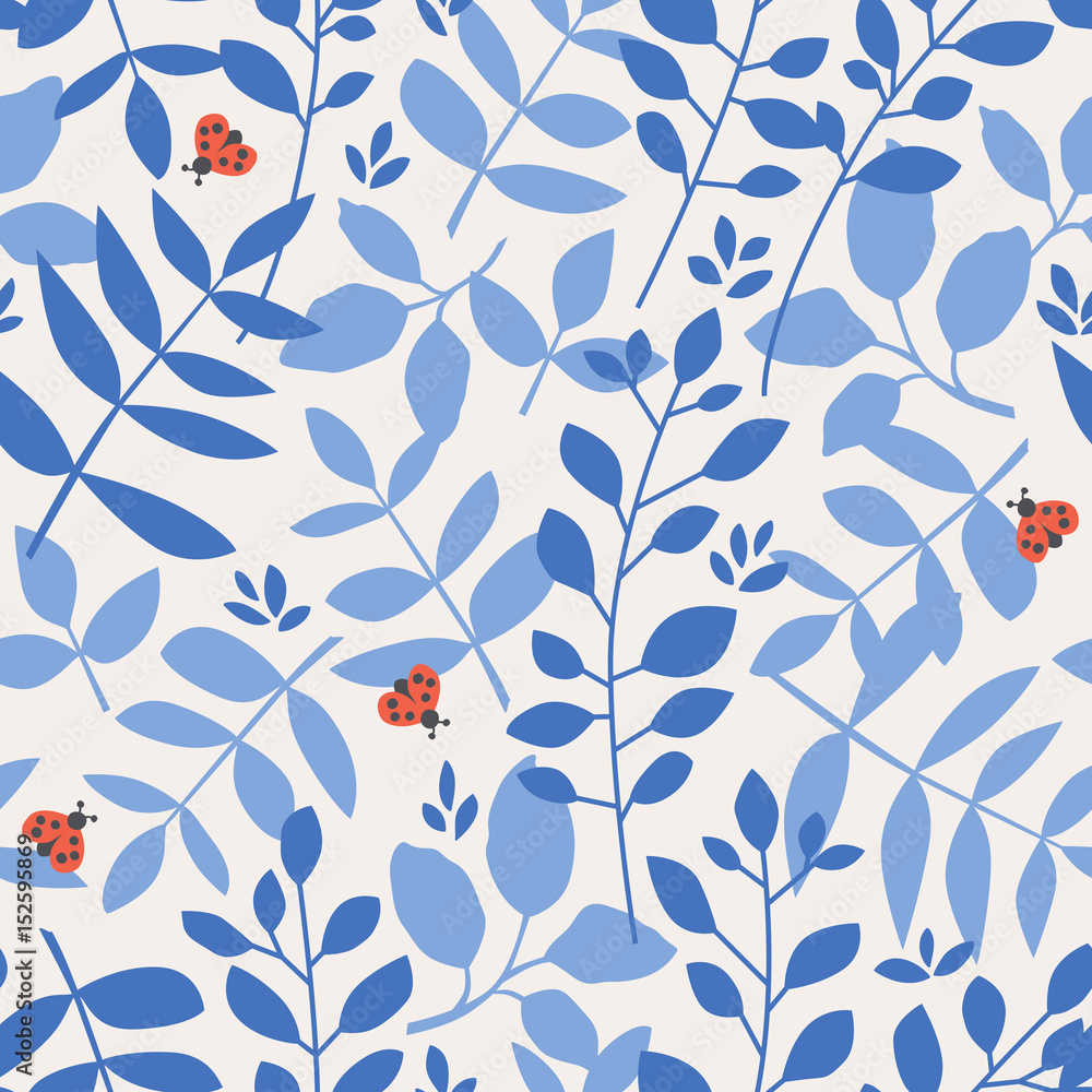 Poster seamless pattern with different leaves and ladybugs