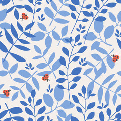 seamless pattern with different leaves and ladybugs