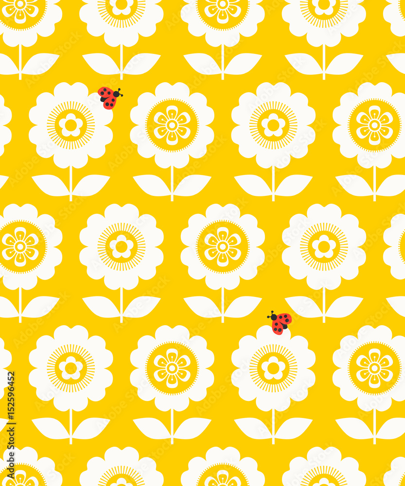 Poster seamless retro pattern with flowers and ladybugs