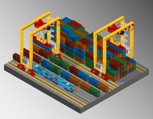 Vector isometric illustration representing the loading and unloading operations of the freight trains in harbor container terminal. Harbor equipment.