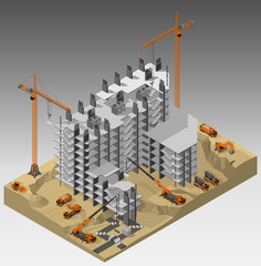Vector isometric illustration of the construction site at the stage of monolithic frame construction of the building and technique involved. Tower cranes, trucks, mixers, mobile cranes and excavators.