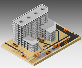 Vector isometric illustration of the construction site at the stage of road construction and machinery involved. Dump trucks, road rollers, bulldozer, mobile crane and crawler excavator.