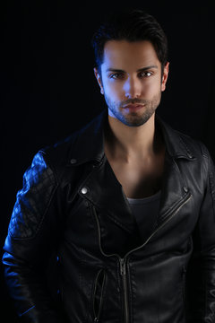Book cover for a vampire novel - Handsome man wearing a leather jacket 