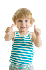 Portrait of beautiful kid boy giving you thumbs up isolated on white background