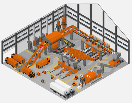 Vector Isometric Illustration Of Interior Of Waste Processing Plant. Saving The Environment.