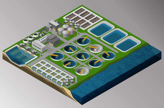 Vector isometric illustration of the wastewater treatment plant consisting of sedimentation basins, fermenters, bioreactors. Equipment for the protection of the environment.